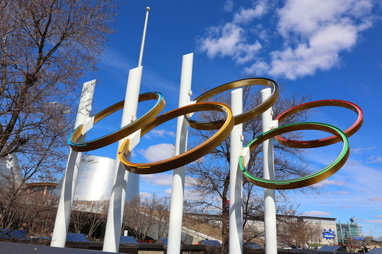 MONTREAL QUEBEC CANADA 04 26 2026: The Olympic rings blue, yellow, black, green, and red on a white background symbolize the union of the five inhabited continents