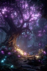 Fototapeta premium Fantasy wallpaper. A vivid, fantastical depiction of a mystical forest at night. The main subject is a large, gnarled tree with a canopy of pinkishpurple blossoms.