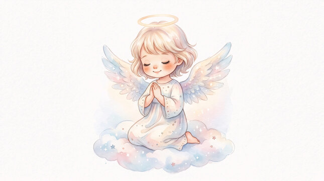 Cute angel child watercolor illustration, soft christian spiritual clipart
