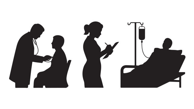 Medical Team Attending Patient in Hospital Bed, Healthcare Professionals Nurse and Doctor Silhouette