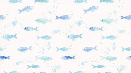 Fototapeta premium Watercolor fish pattern, minimal blue sea life background