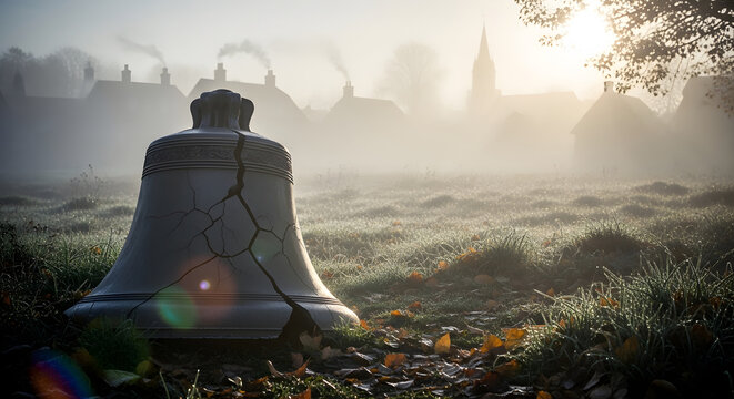 Broken bell in field with village background