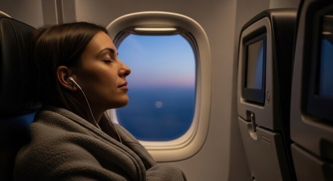 Woman sleeping on airplane, blanketed, enjoying music, sunset view