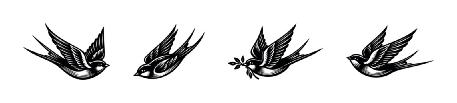 Black and white flying swallows vector illustration, bird silhouette elements