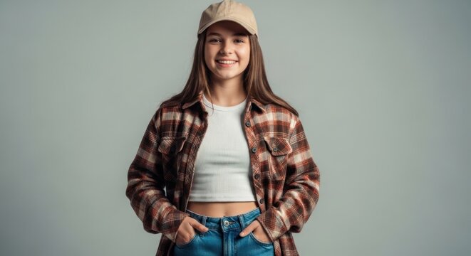 Young girl in plaid shirt, jeans, and baseball cap smiles confidently