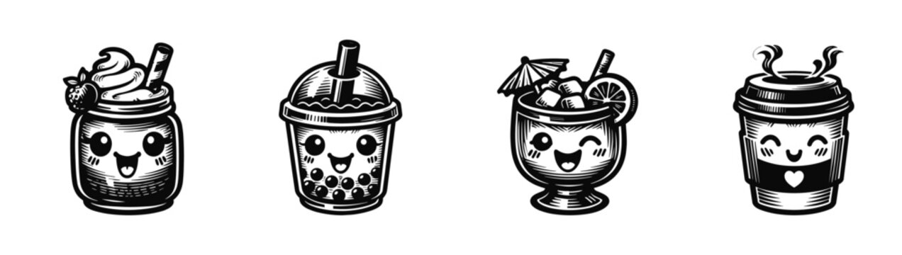 Cute kawaii beverage stickers, bubble tea, coffee, milkshake, cocktail, cartoon drink illustration set