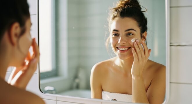 Young woman smiling while applying moisturizer to her face in a bathroom