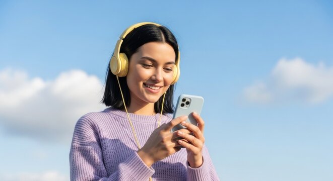 Young woman smiling, wearing yellow headphones, looking at smartphone outdoors