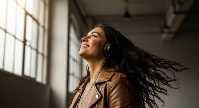 Young woman with long dark hair enjoys music with headphones, smiling