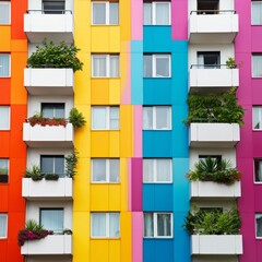 Fototapeta premium Colorful Building Facade With Plants on Balconies in Urban Area During Daytime