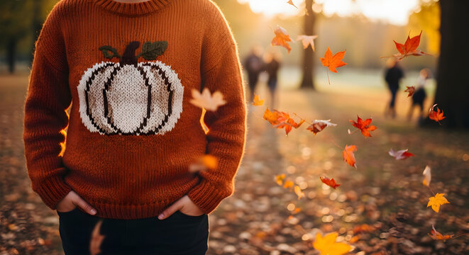 Child wearing pumpkin sweater in autumn park