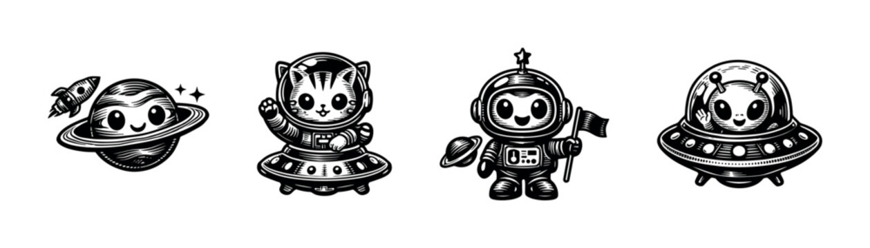 Cute cartoon animals in space suits with ufos and planets black and white vector illustration
