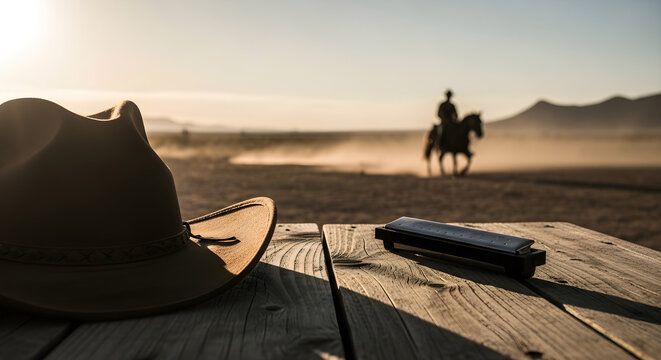 Cowboy riding horse in desert landscape at sunset