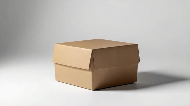 Small brown cardboard box with lid closed white background soft shadow minimal studio lighting