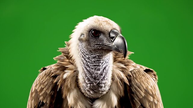 Close up portrait of a wild griffon vulture turning head on green screen