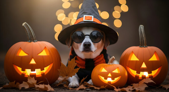 Dog wearing witch hat with pumpkins and lights