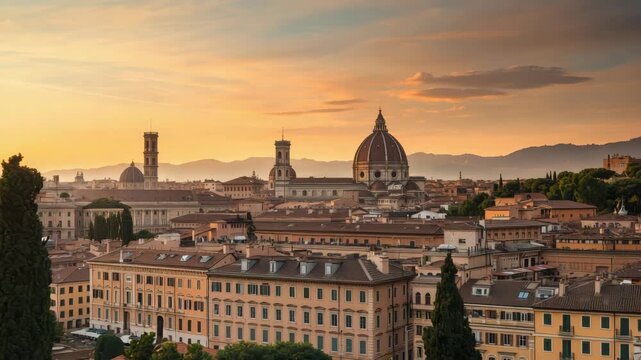 Sunset Florence cathedral dome skyline with historic rooftops cypress trees and warm golden light