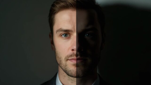 Young man portrait split lighting with dramatic shadow confident and contemplative serious
