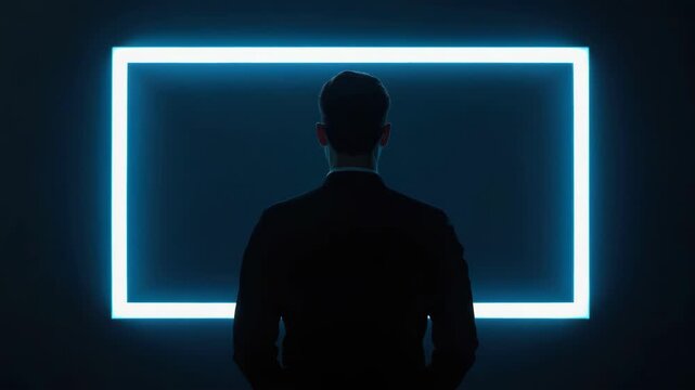Man silhouette suit facing glowing neon rectangle frame dark room contemplative futuristic mood
