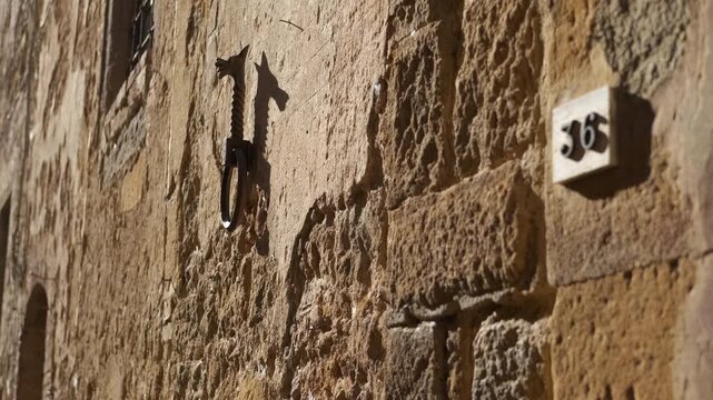 Ancient stone wall with wrought iron tie rod anchor. Side view of a historic weathered stone wall of an old building, featuring a decorative wrought iron tie rod anchor plate and a house number