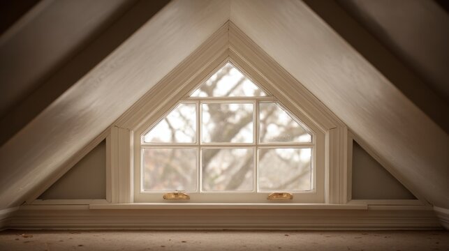 Triangular attic dormer window with a view of a snowy roofline and winter trees