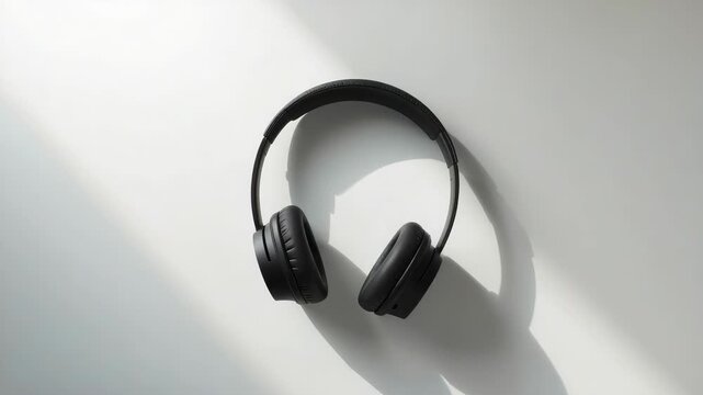 Black wireless over ear headphone casting soft shadow minimal white surface modern audio lifestyle