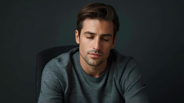 Handsome man portrait studio sweater thoughtful serious expression gray sweater low light portrait