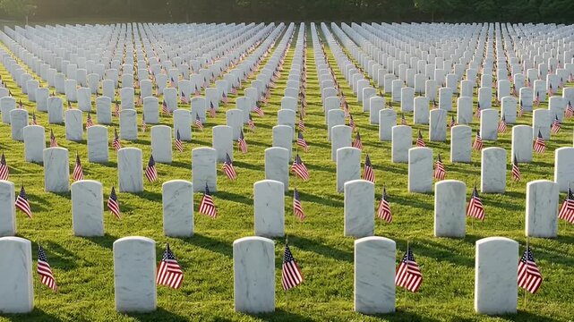 Poignant Cinematic 4K Slow Motion of American Flags Waving on Headstones in a National Military Cemetery during a Golden Hour Sunset