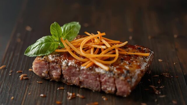 Grilled steak with glaze and carrot ribbon garnish, basil accented medium rare seared steak on wood
