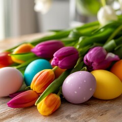 Fototapeta premium Colorful Eggs and Tulips on a Wooden Table During Spring Season