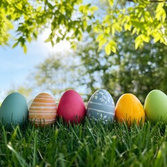 Fototapeta premium Colorful Eggs Arranged in a Line on Green Grass Under a Clear Sky in the Afternoon