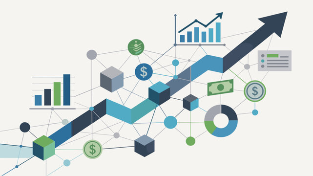 This abstract image conveys financial growth and the interconnectedness of the modern economy. Ideal for illustrating business reports, investment str