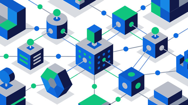 This vibrant illustration depicts a connected network of cubes, symbolizing data flow and communication. Ideal for technology articles, website backgr