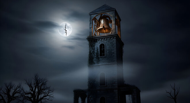 Old stone bell tower under moonlit sky