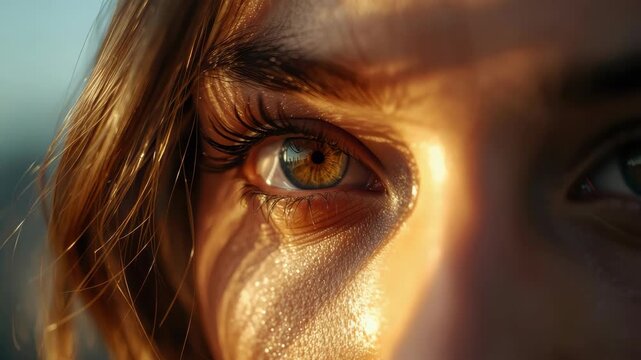 Golden sunlight closeup eye with warm skin texture soft hair eyelash shimmering brown eye