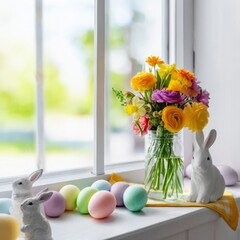 Fototapeta premium Spring Decorations With Flowers, Bunnies, and Colorful Eggs on a Window Sill During Daylight Hours