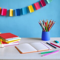 Fototapeta premium Bright Workspace With Sketchbook and Colored Pencils in a Creative Setting