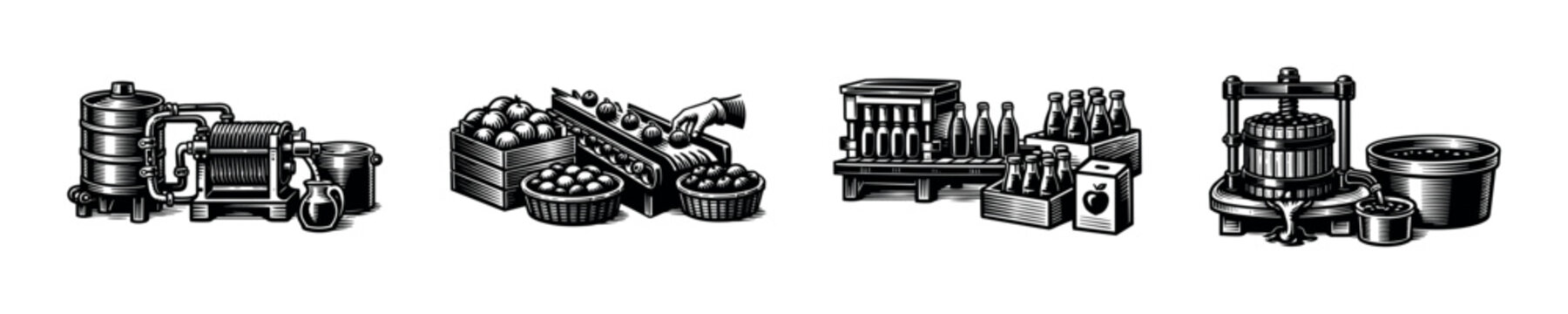 Vintage fruit processing equipment illustrations, black and white vector graphics, machine elements silhouette