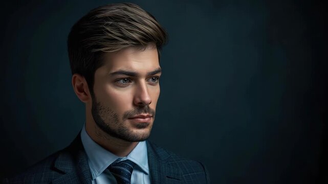 Portrait man profile suit tie formal contemplative sideways gaze moody studio lighting textured