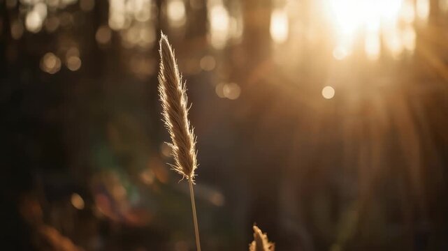 Golden backlit grass stalk glowing in warm sunset light with peaceful bokeh and nostalgic calm