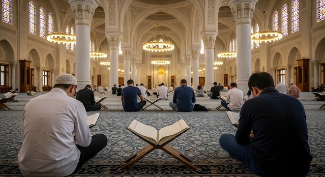 Muslims praying inside a grand mosque, reading Quran on wooden stands.