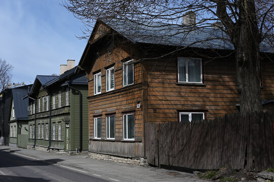 Street view of traditional wooden houses in Tallinn