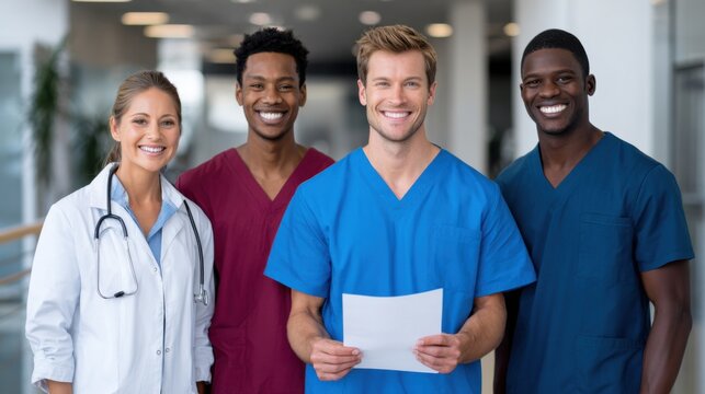 Group of four healthcare professionals, including two men and two women, wearing scrubs and a lab coat, smiling while holding a document in a hospital corridor