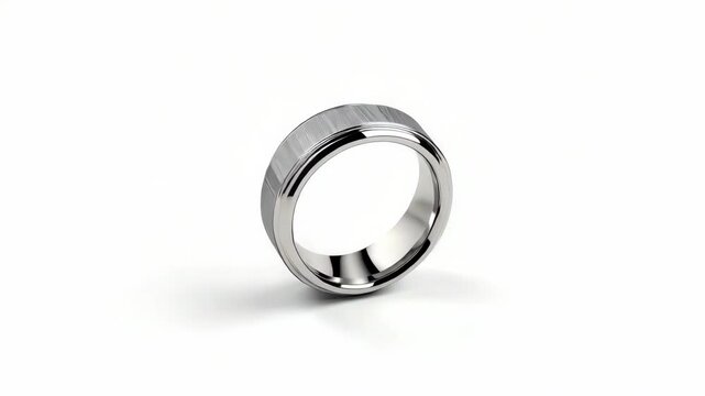 Polished metal wedding band ring with brushed center, beveled edges and subtle textured silver