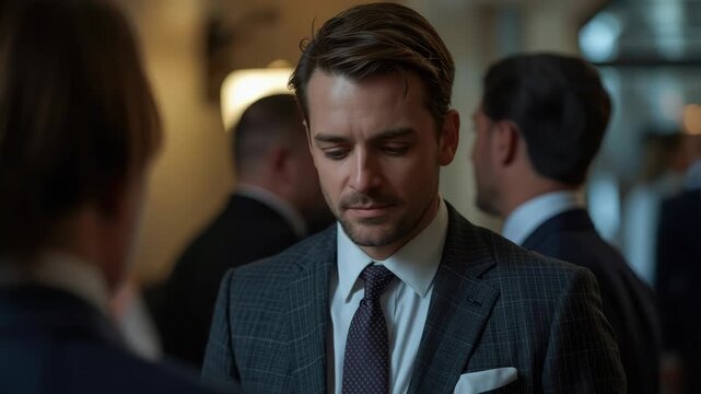 Young businessman check suit and tie with pocket square, thoughtful businessman crowded networking
