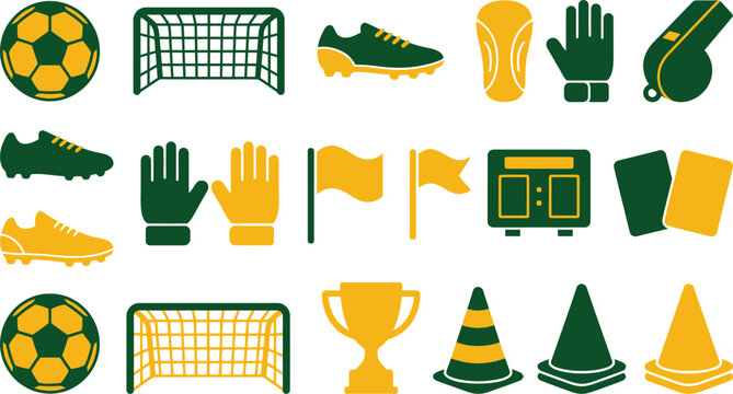 Various soccer sports equipment icons featuring balls nets cleats gloves whistles trophies and field markers for athletes