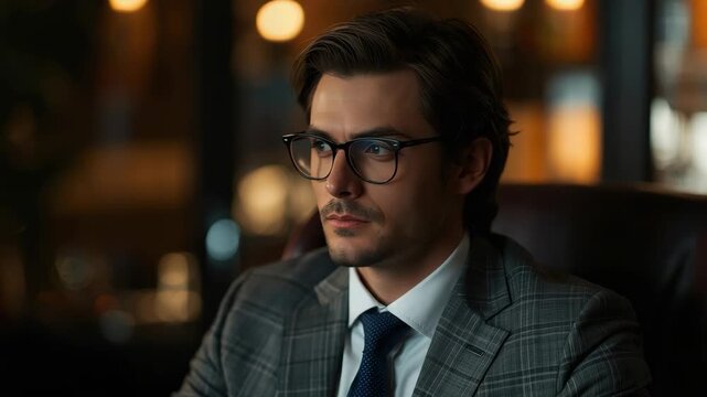 Young businessman gray plaid suit jacket with glasses, moody dim office lighting, focused