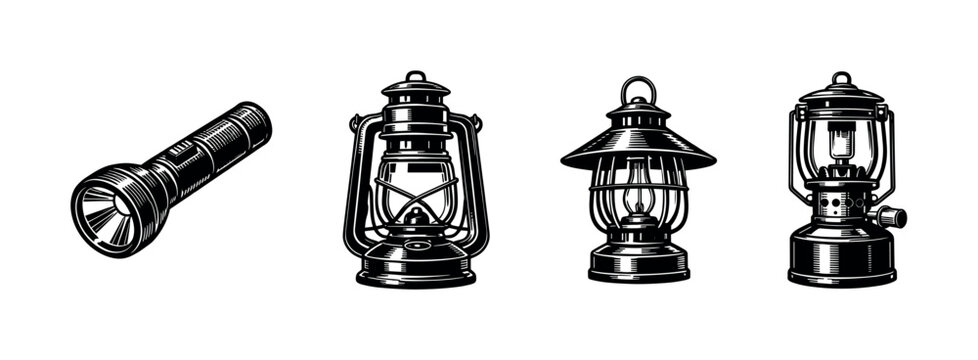 Vintage lantern and flashlight collection in black and white illustration style