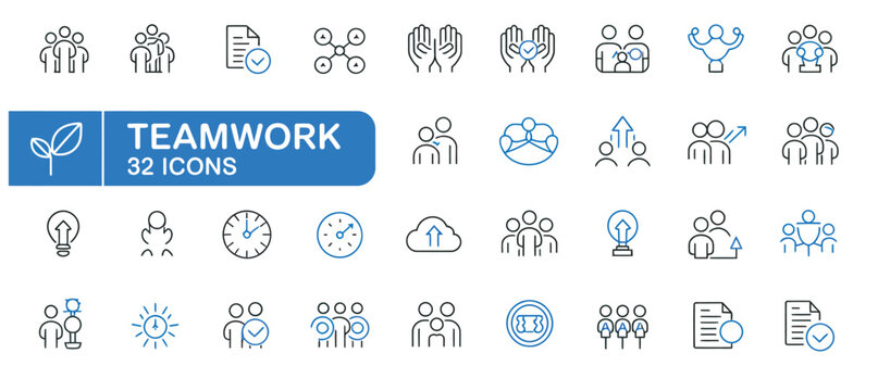 Collection of 32 line style teamwork icons for business and collaboration concepts.