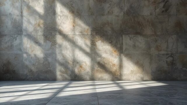 Sunlit marble interior wall and floor with patterned sunlight shadow and calm diagonal window shadow